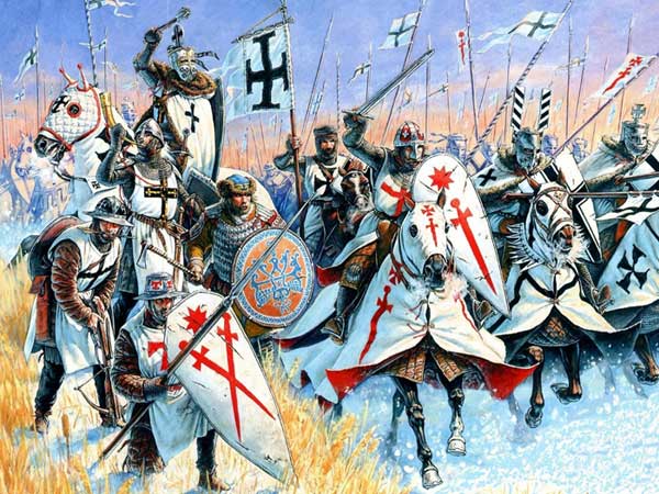 Рыцари с крестами на щитах и знамёнах