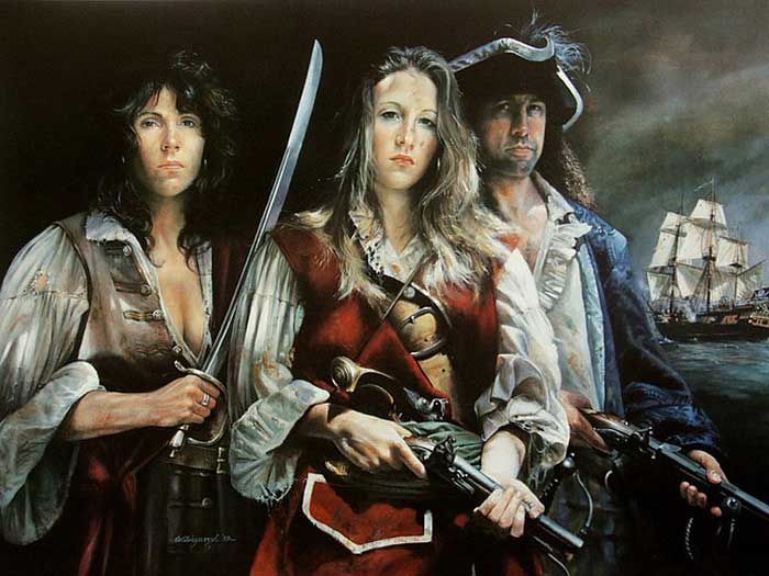Три пирата: Джон Рэкхэм, Энн Бонни и Мэри Рид