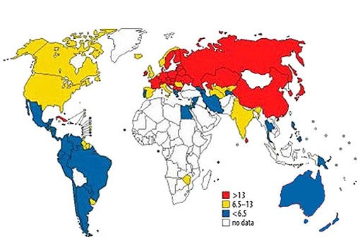 Карта мира с числом самоубийств