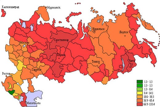 Карта России с числом самоубийств