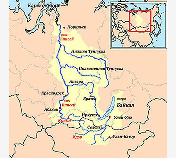 Карта с изображением реки Енисей